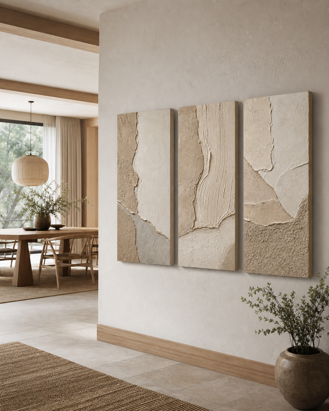 Wabi-sabi textured canvas triptych in a warm modern interior