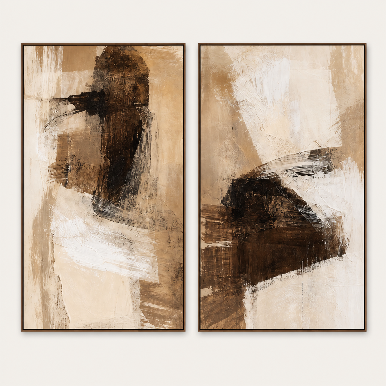 Front view of brown and beige abstract canvas set of two