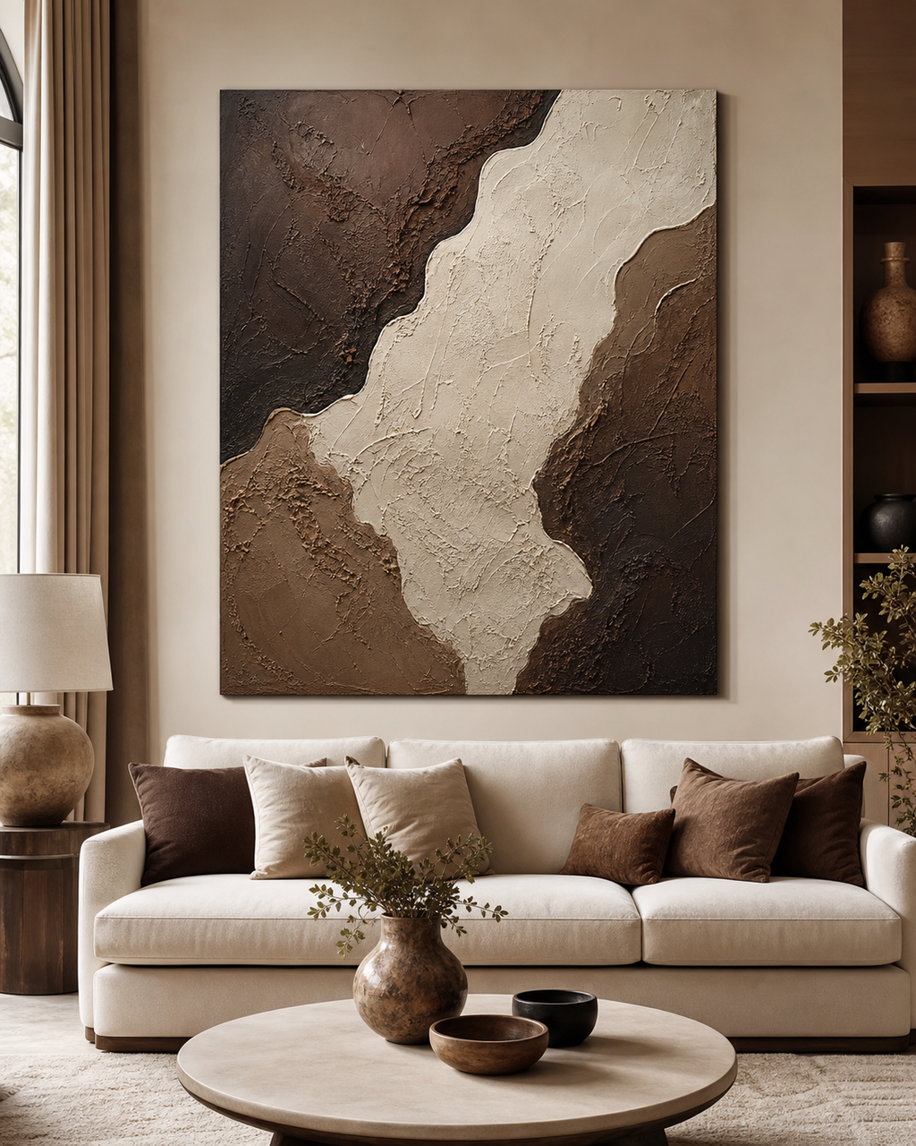 Chocolate brown textured wall painting in a warm modern living room