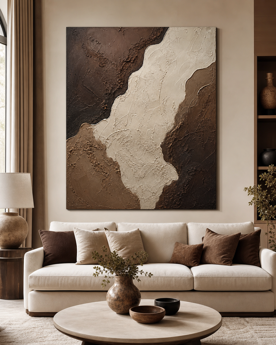 Chocolate brown textured wall painting in a warm modern living room