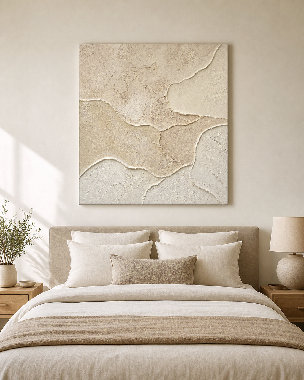 Sand beige raised texture painting in a serene bedroom
