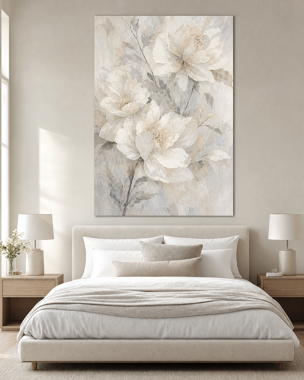 Modern White Floral Canvas Painting #FL003 displayed in a styled interior