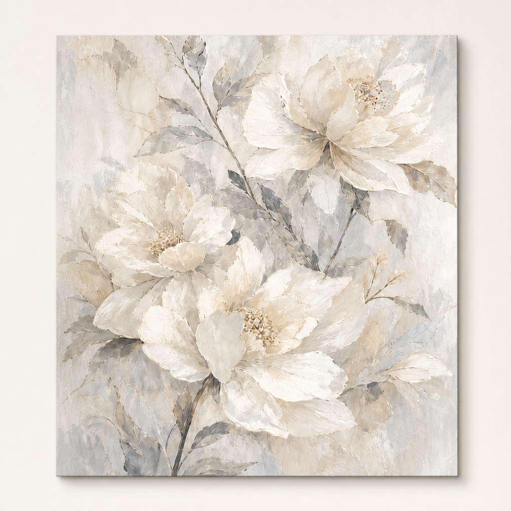 Front view of Modern White Floral Canvas Painting #FL003, showing the complete composition