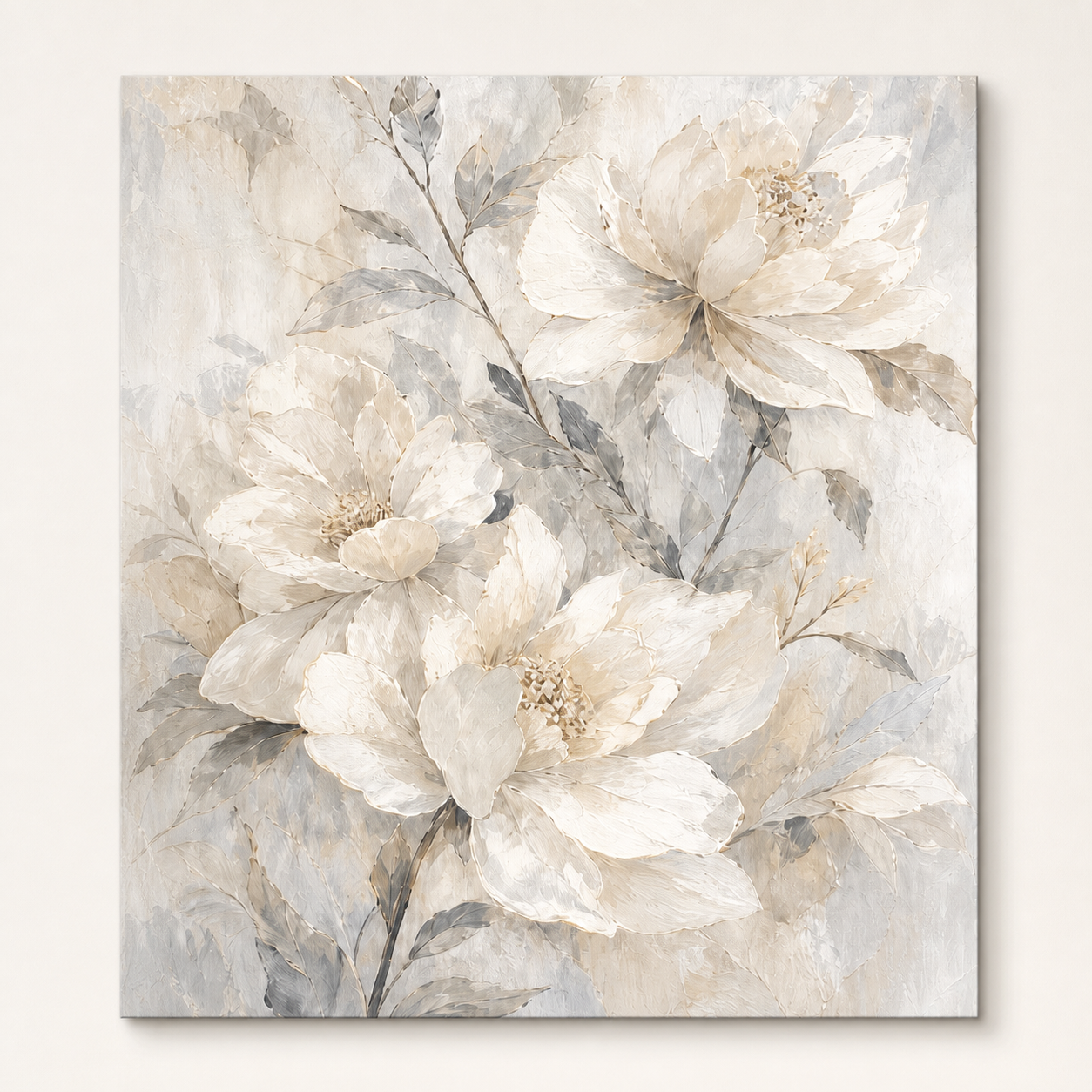 Front view of Modern White Floral Canvas Painting #FL003, showing the complete composition