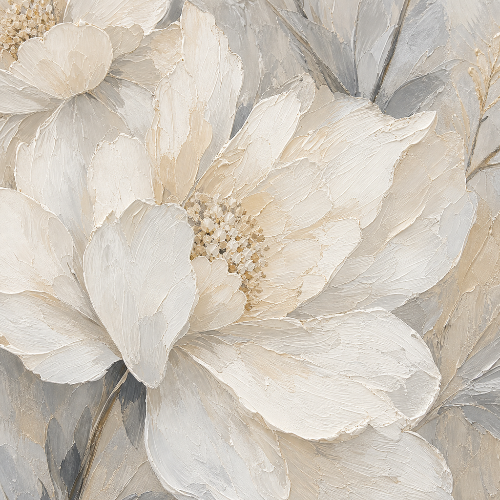 Close-up of hand-painted texture and brushwork in Modern White Floral Canvas Painting #FL003