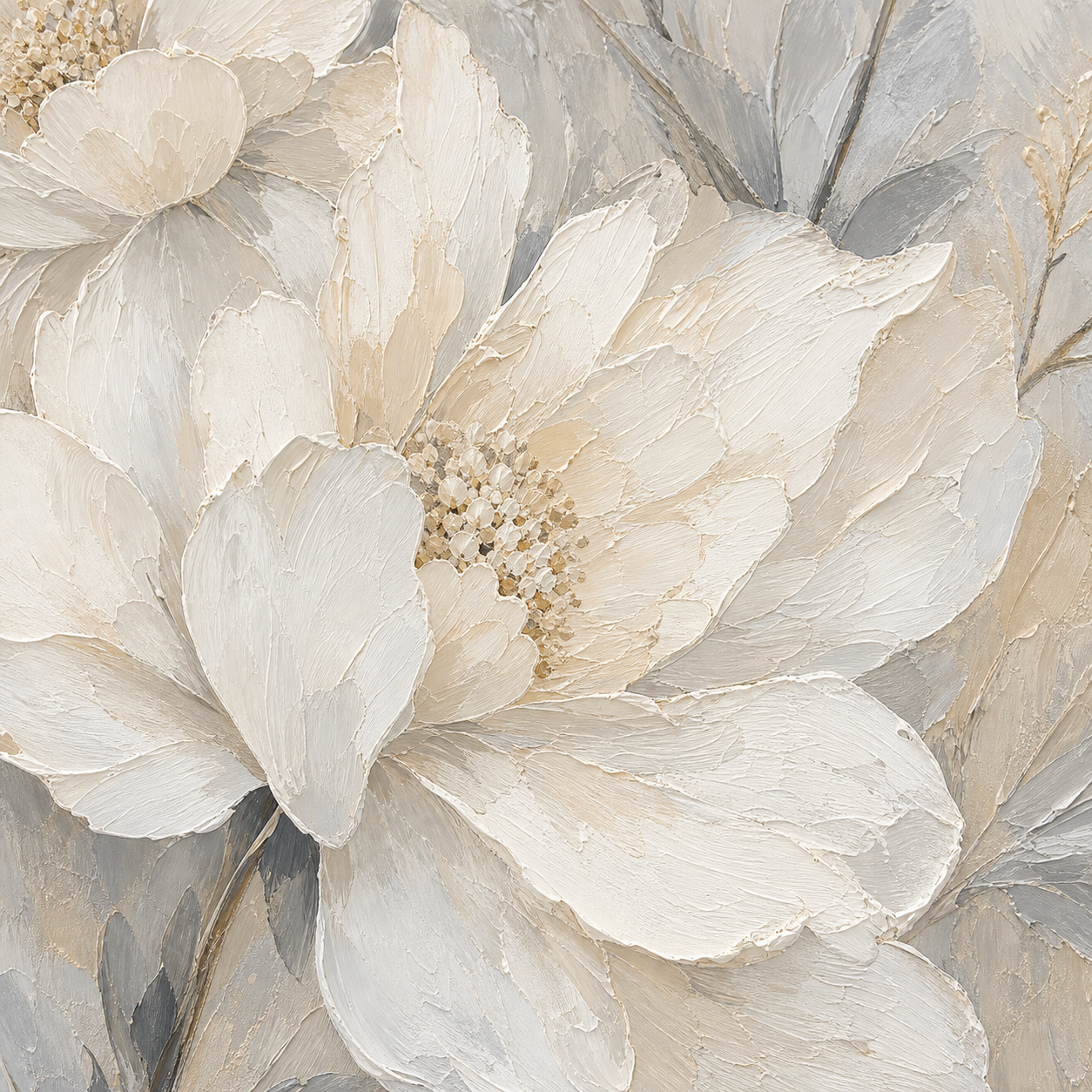 Close-up of hand-painted texture and brushwork in Modern White Floral Canvas Painting #FL003