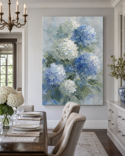 Blue Hydrangea Floral Oil Painting #FL004 displayed in a styled interior