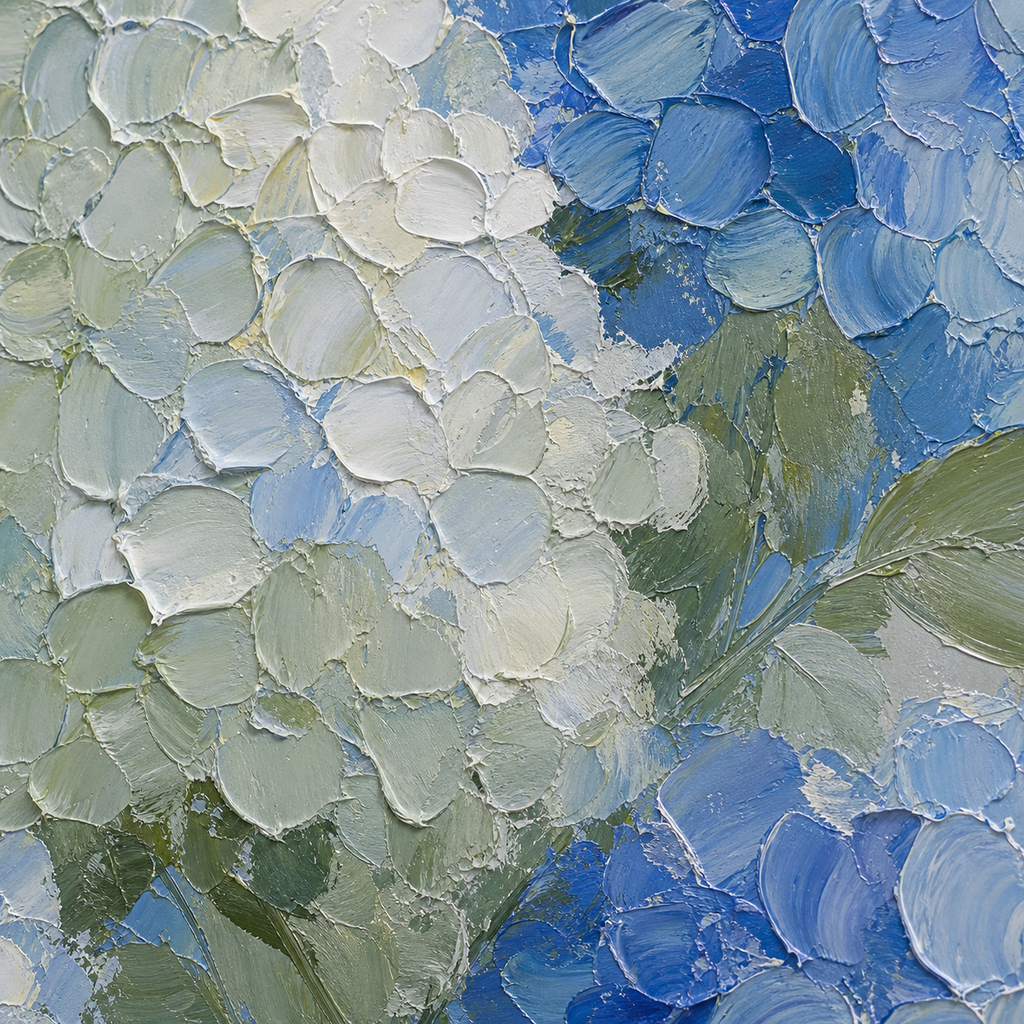 Close-up of hand-painted texture and brushwork in Blue Hydrangea Floral Oil Painting #FL004
