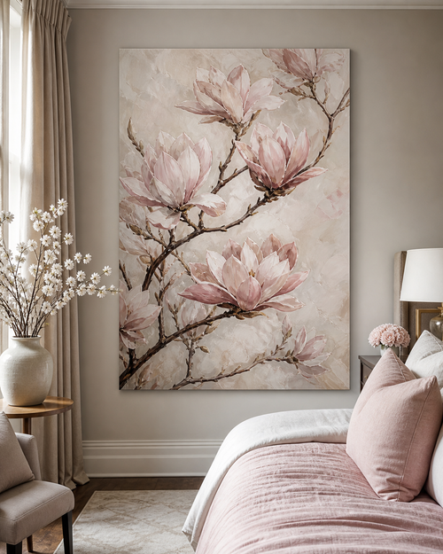 Blush Magnolia Floral Canvas Art #FL005 displayed in a styled interior