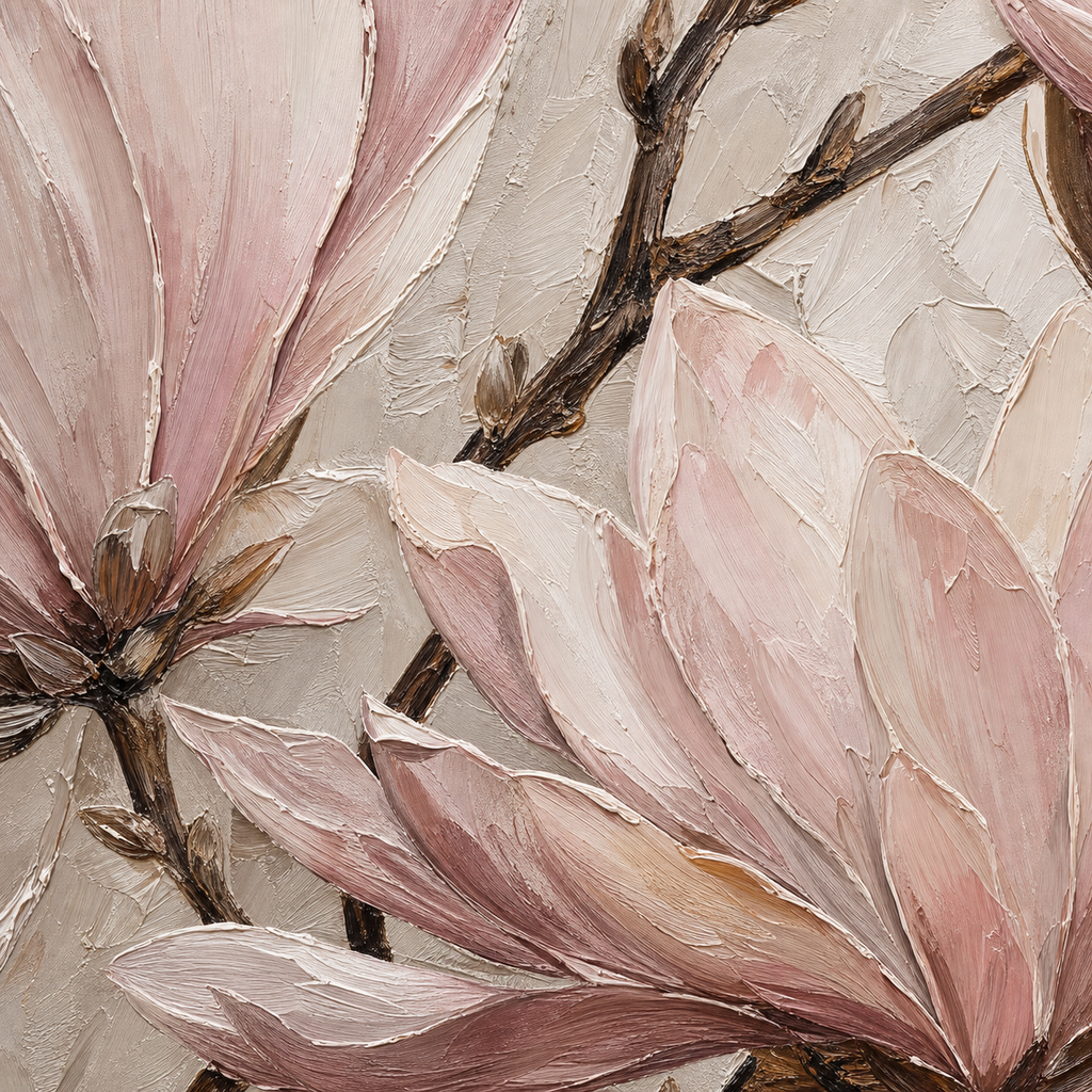 Close-up of hand-painted texture and brushwork in Blush Magnolia Floral Canvas Art #FL005