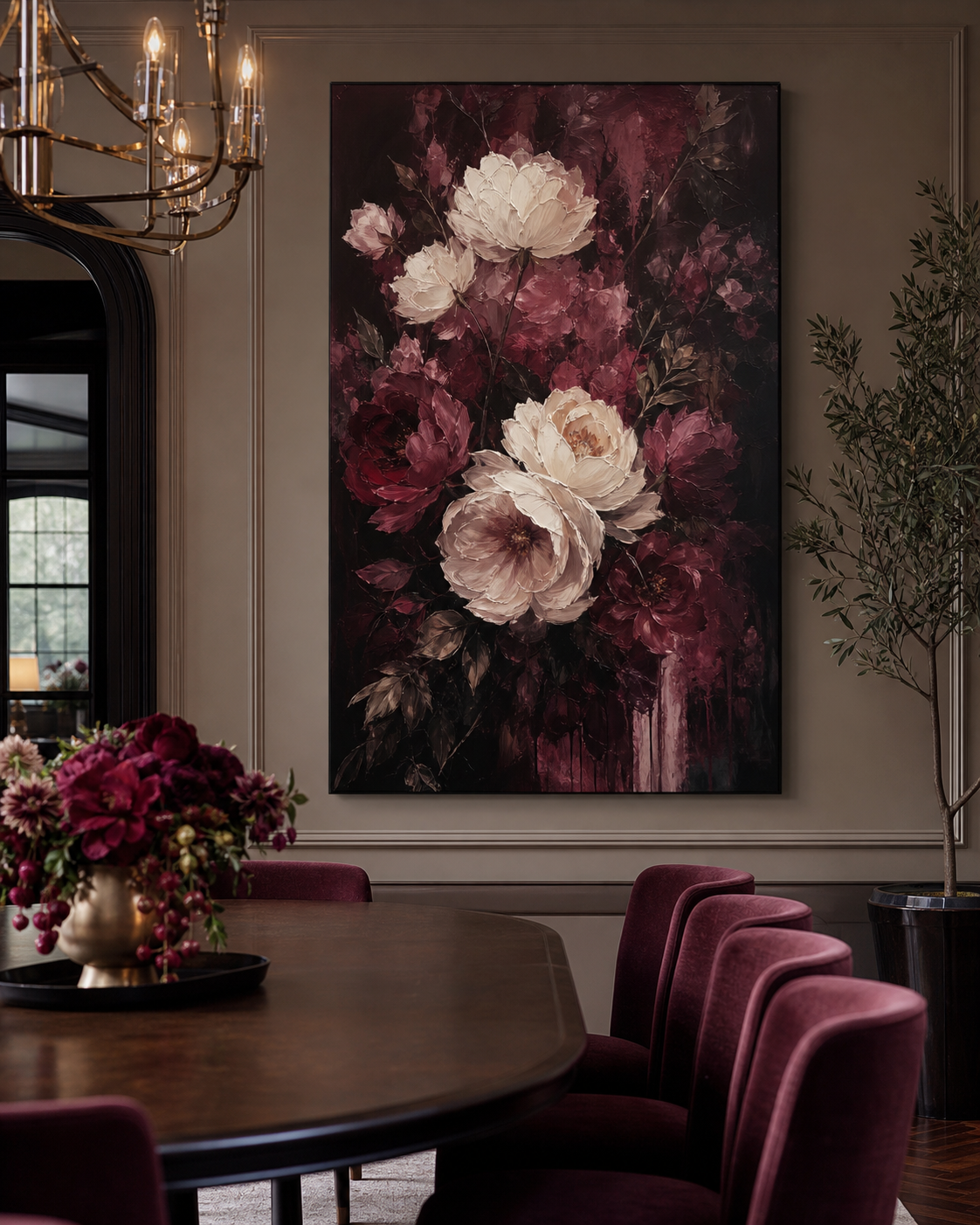 Moody Burgundy Floral Wall Painting #FL006 displayed in a styled interior