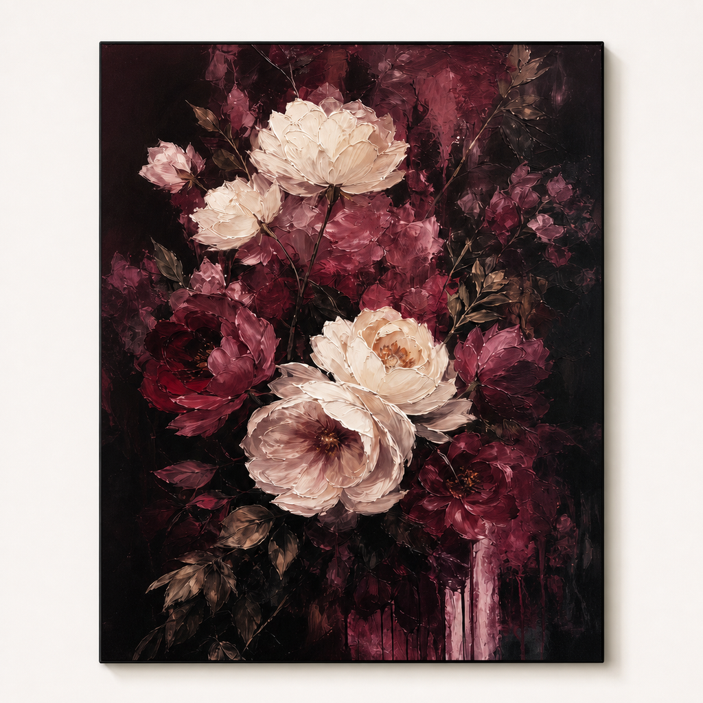 Front view of Moody Burgundy Floral Wall Painting #FL006, showing the complete composition