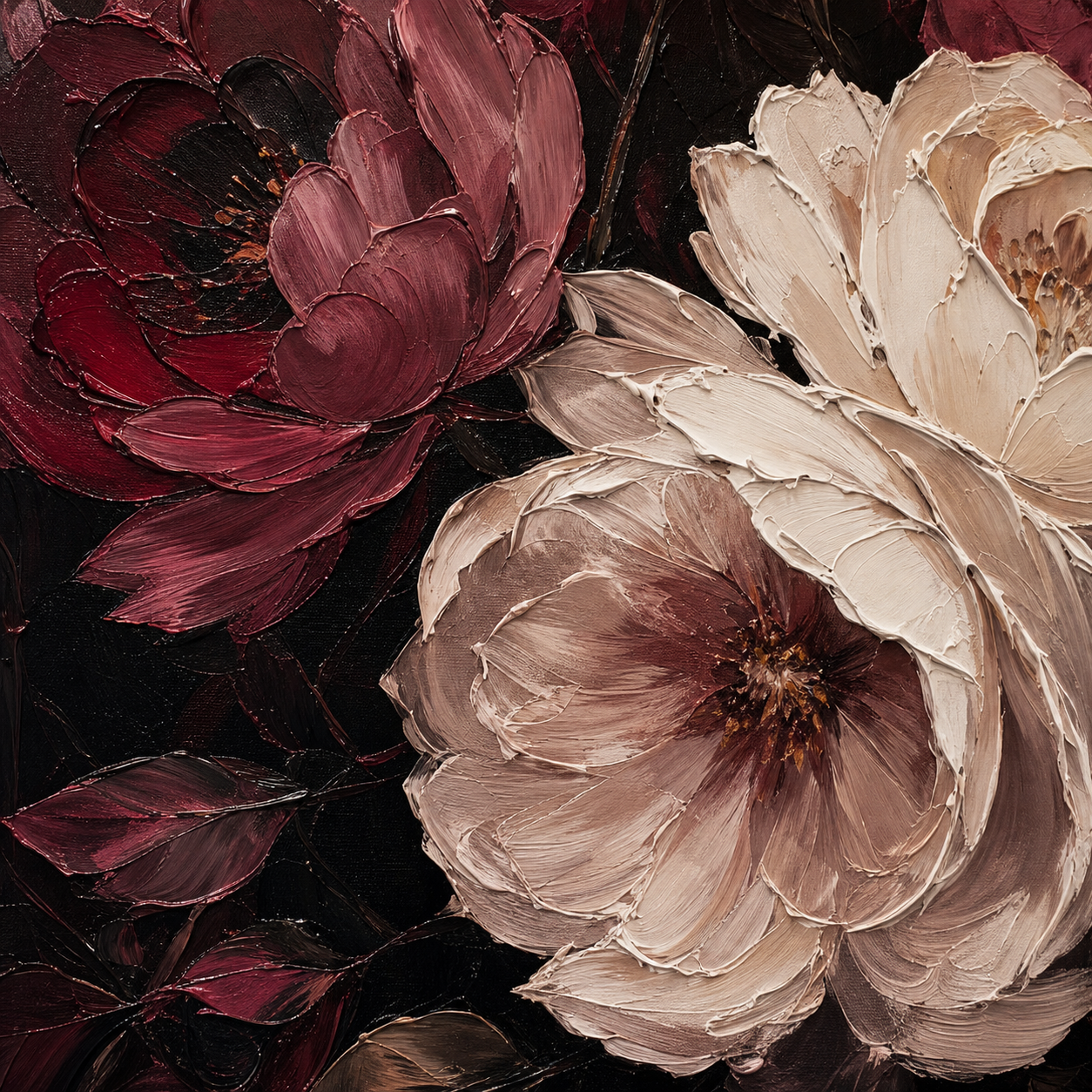 Close-up of hand-painted texture and brushwork in Moody Burgundy Floral Wall Painting #FL006
