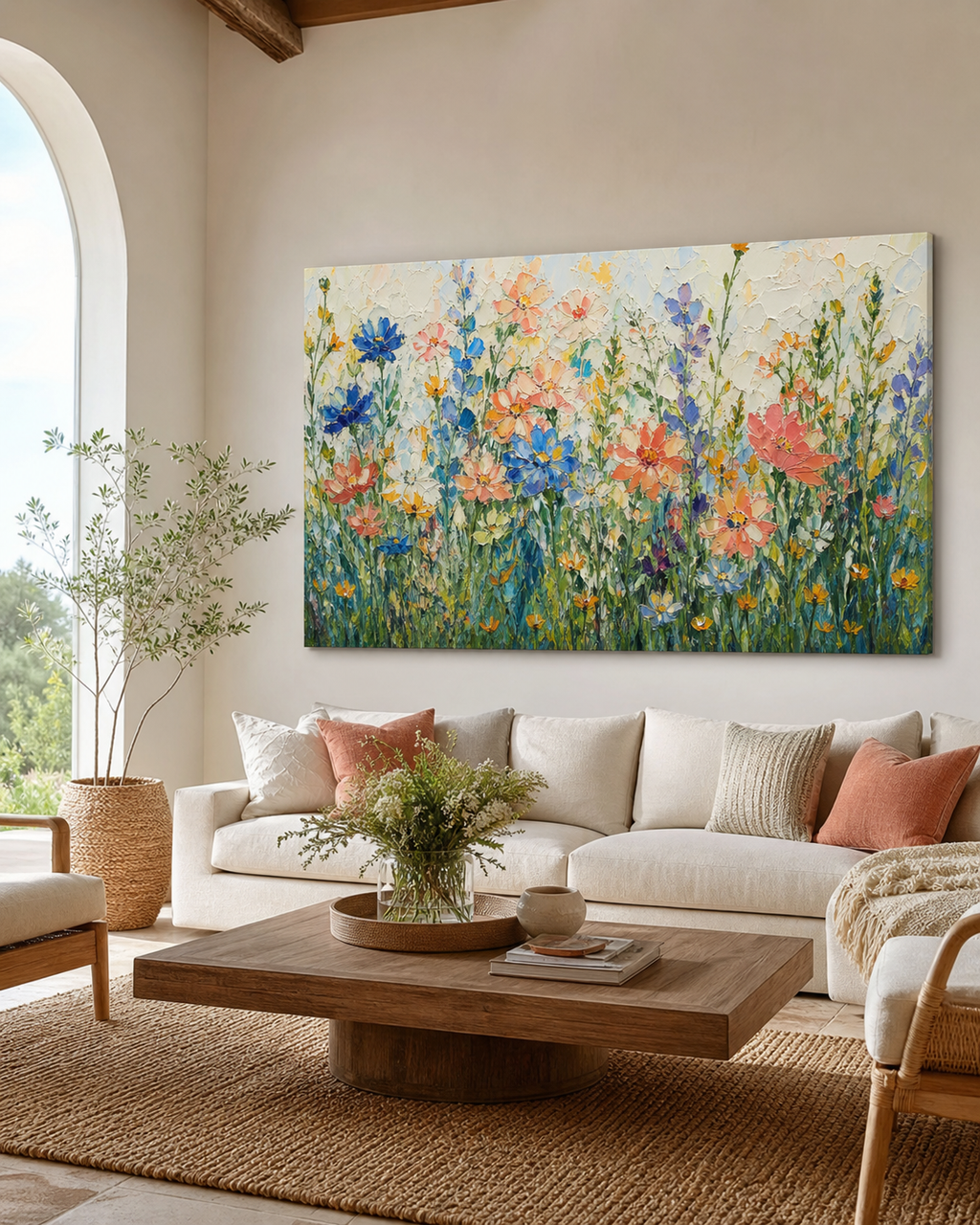 Colorful Wildflower Oil Painting #FL007 displayed in a styled interior