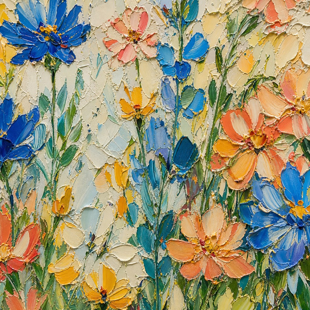 Close-up of hand-painted texture and brushwork in Colorful Wildflower Oil Painting #FL007
