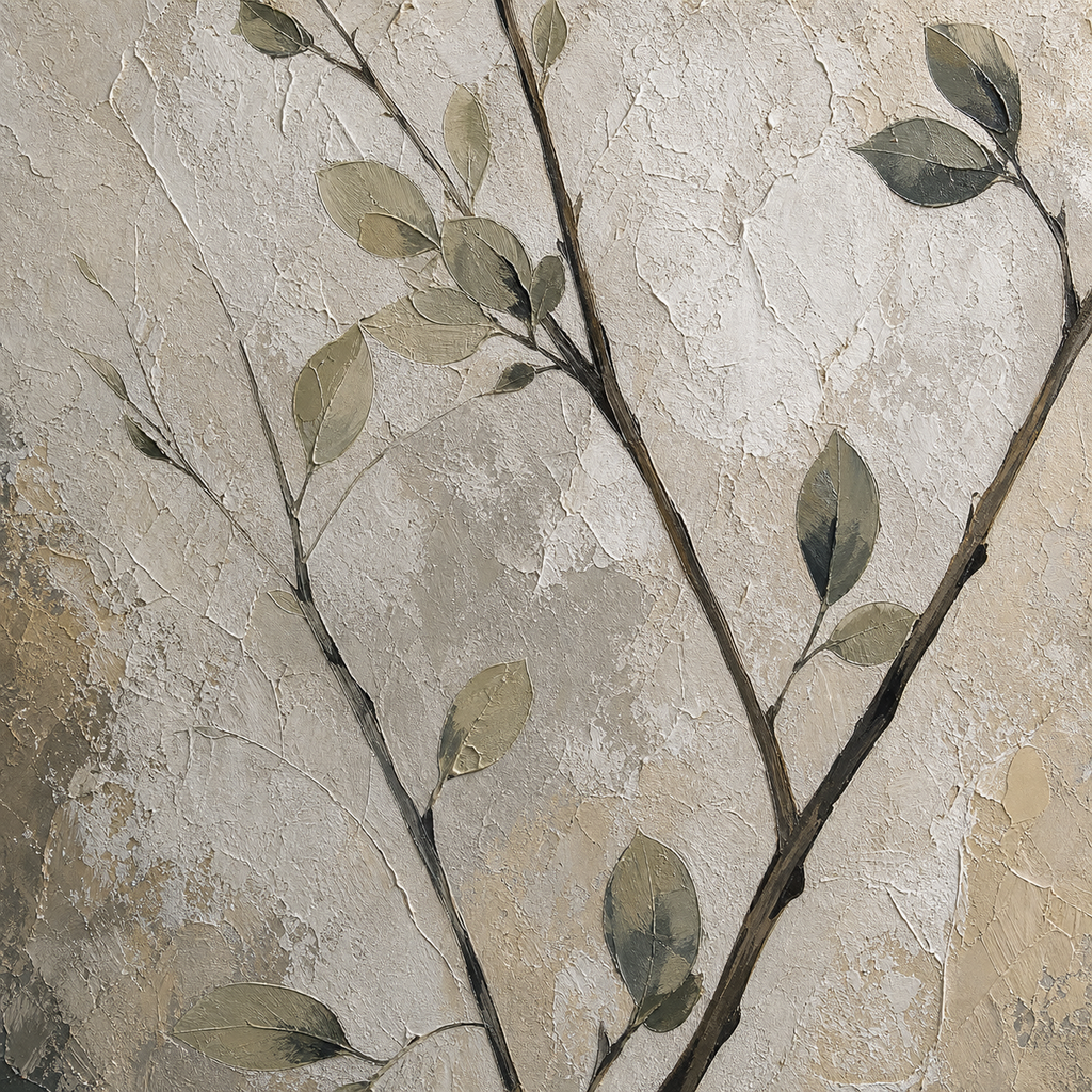 Close-up of hand-painted texture and brushwork in Neutral Botanical Branch Painting #FL008