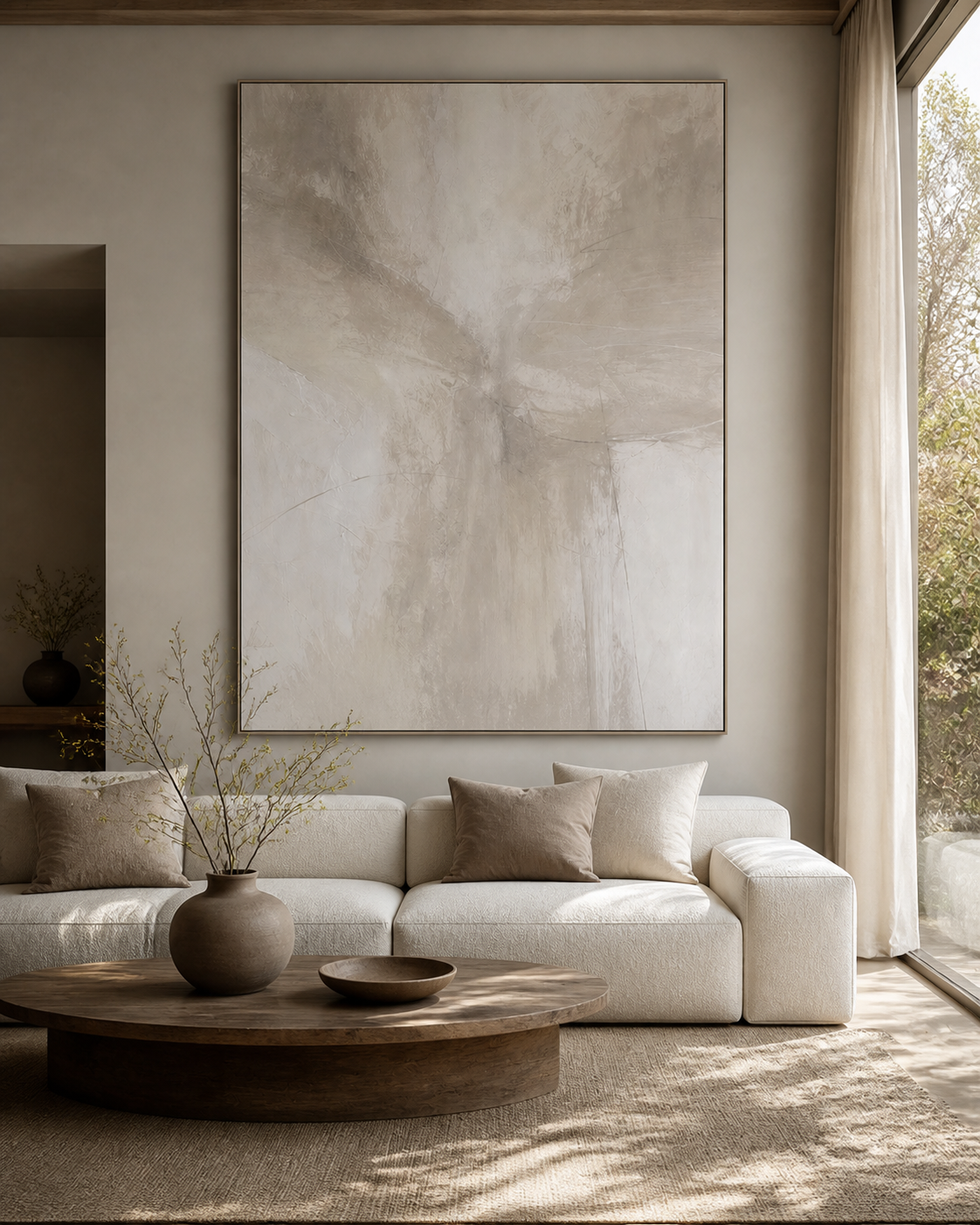 LM002 oversized soft greige minimalist painting above sofa