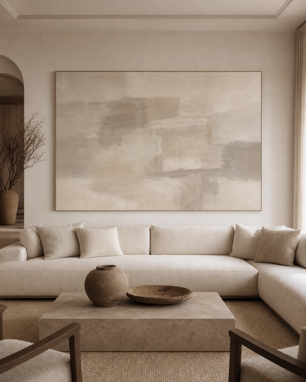 LM002 oversized soft greige minimalist painting size reference above sectional sofa