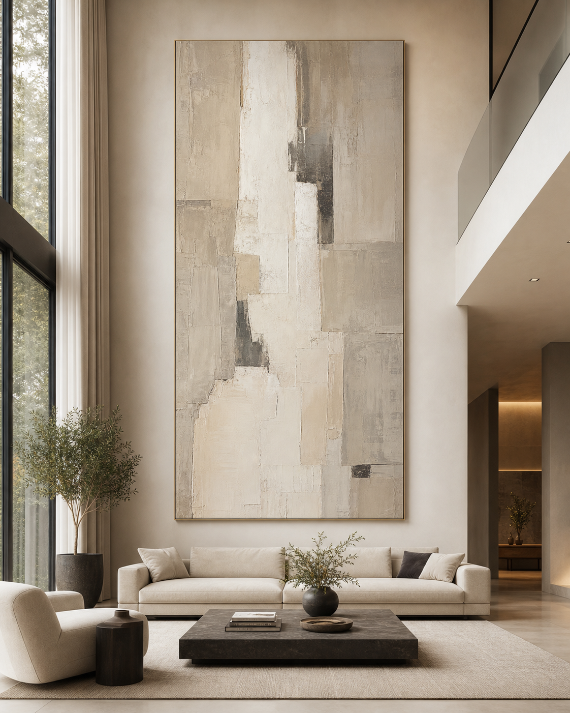 Extra Large Neutral Canvas for High Ceilings #LM007 displayed in a styled interior
