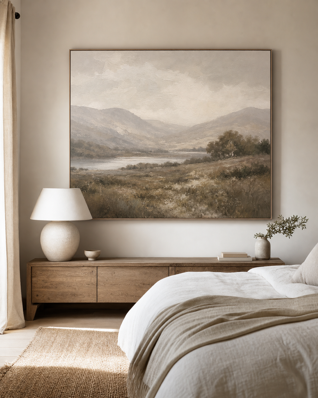 LS001 Misty Neutral Landscape Canvas Painting in a calm bedroom