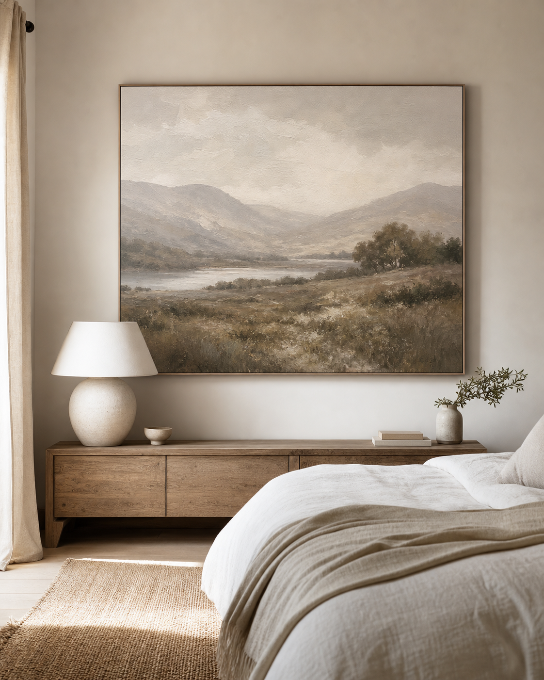 LS001 Misty Neutral Landscape Canvas Painting in a calm bedroom