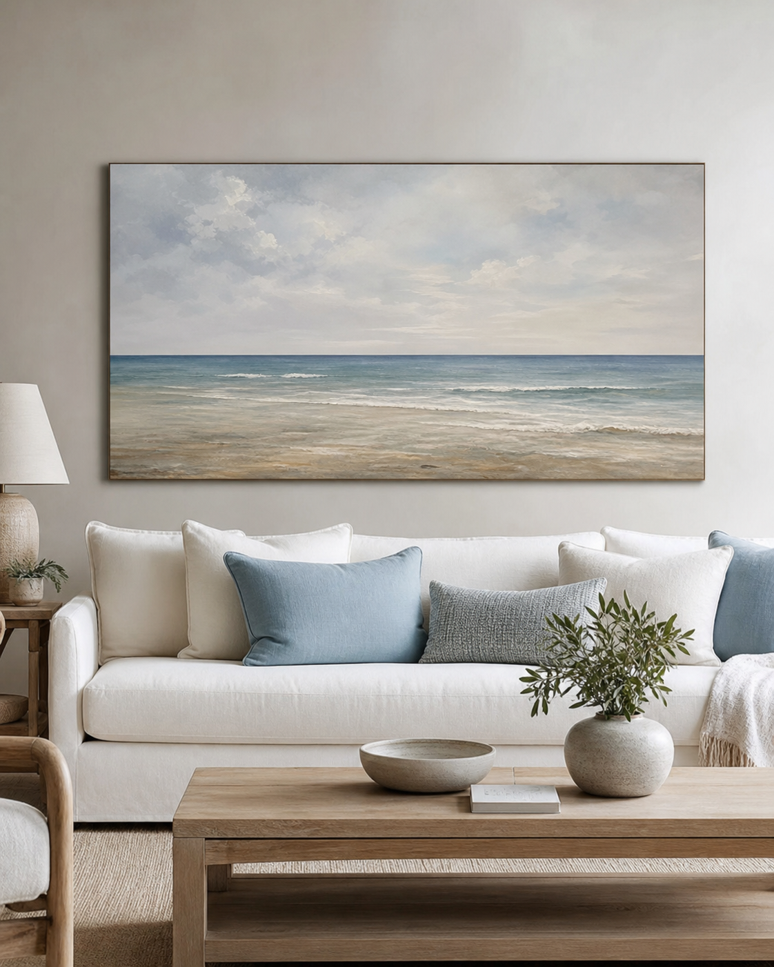 Minimal Coastal Horizon Oil Painting #LS004 displayed in a styled interior