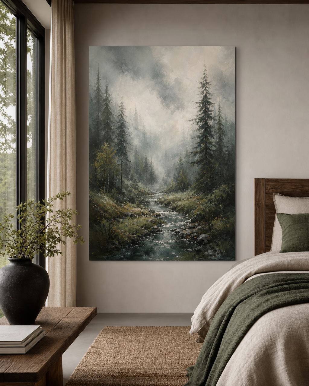 Misty Forest Landscape Canvas Art #LS005 displayed in a styled interior