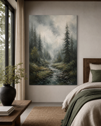 Misty Forest Landscape Canvas Art #LS005 displayed in a styled interior