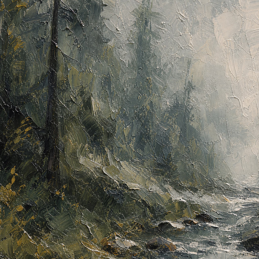 Close-up of hand-painted texture and brushwork in Misty Forest Landscape Canvas Art #LS005