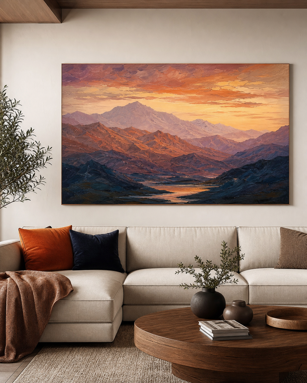 Warm Mountain Sunset Landscape Painting #LS006 displayed in a styled interior