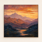 Front view of Warm Mountain Sunset Landscape Painting #LS006, showing the complete composition