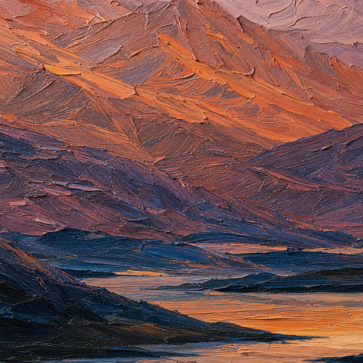 Close-up of hand-painted texture and brushwork in Warm Mountain Sunset Landscape Painting #LS006