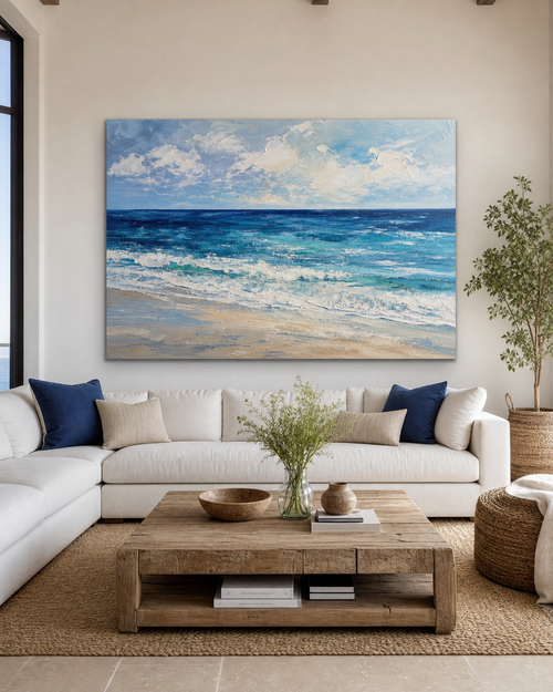 Blue Seascape Abstract Oil Painting #LS007 displayed in a styled interior