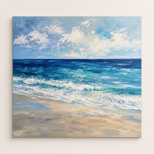 Front view of Blue Seascape Abstract Oil Painting #LS007, showing the complete composition