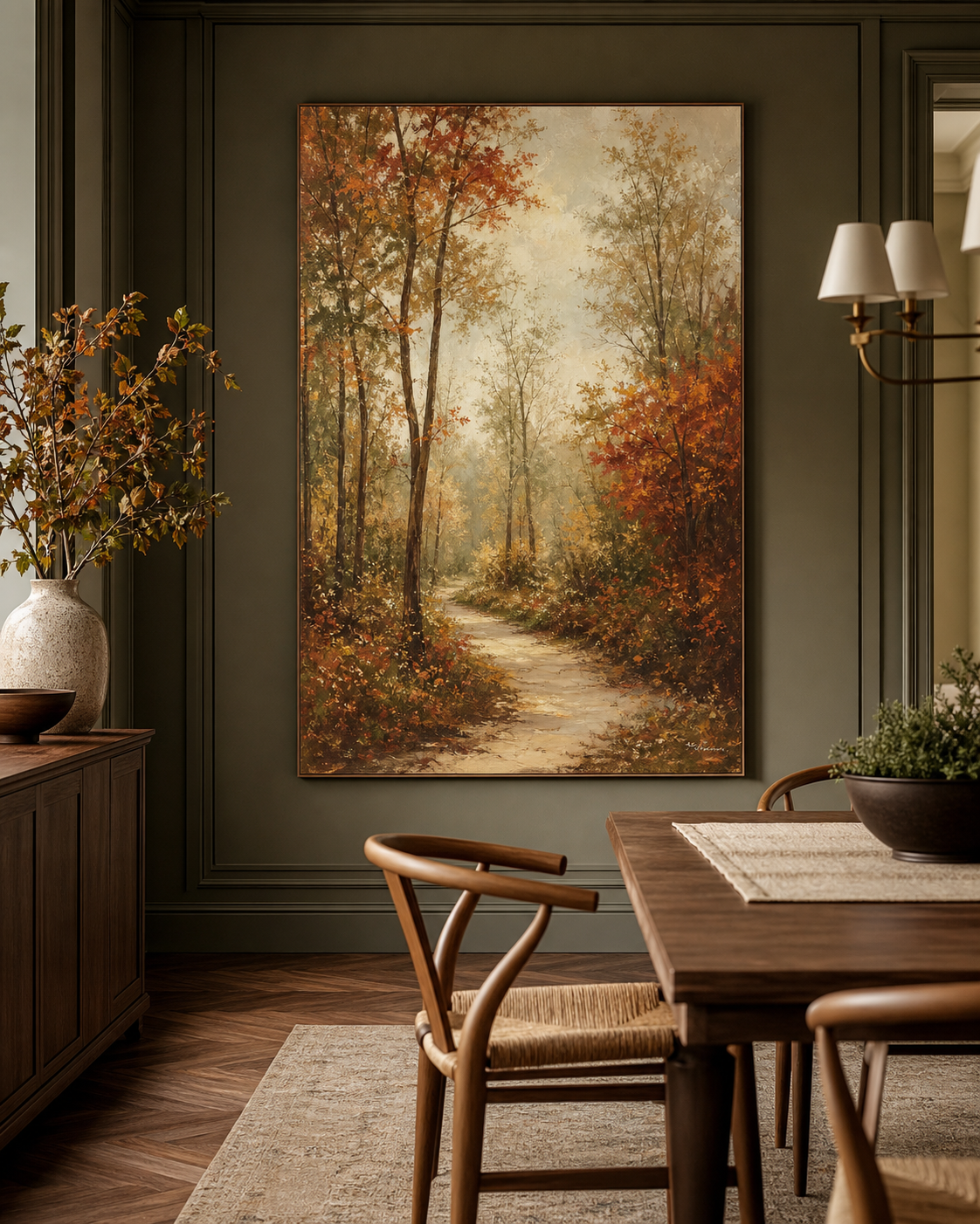Autumn Woodland Landscape Wall Art #LS008 displayed in a styled interior
