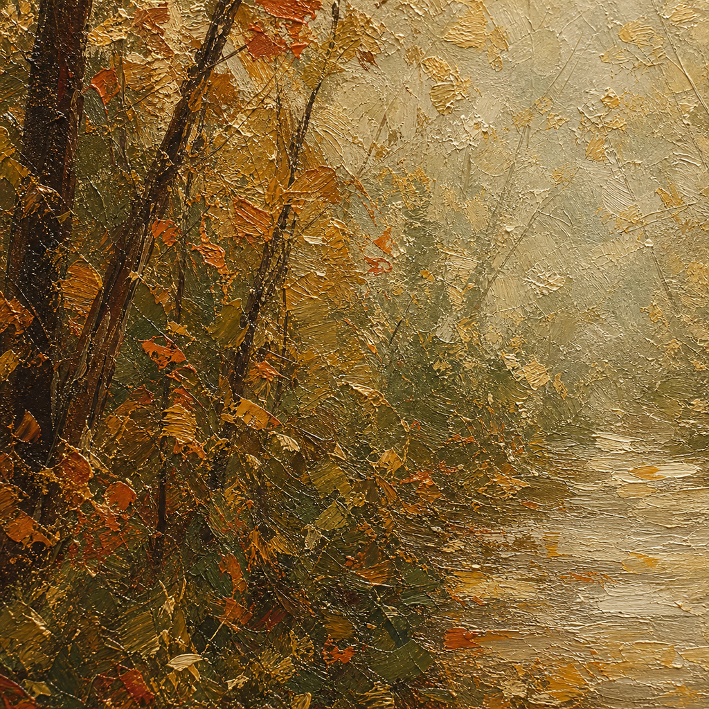 Close-up of hand-painted texture and brushwork in Autumn Woodland Landscape Wall Art #LS008