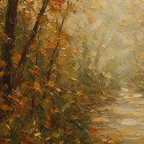 Close-up of hand-painted texture and brushwork in Autumn Woodland Landscape Wall Art #LS008