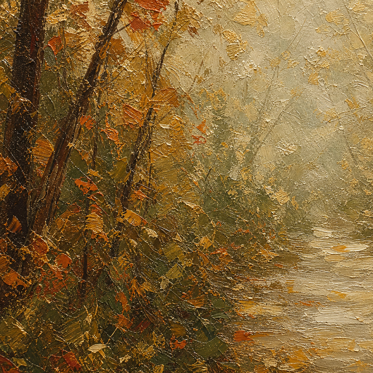 Close-up of hand-painted texture and brushwork in Autumn Woodland Landscape Wall Art #LS008