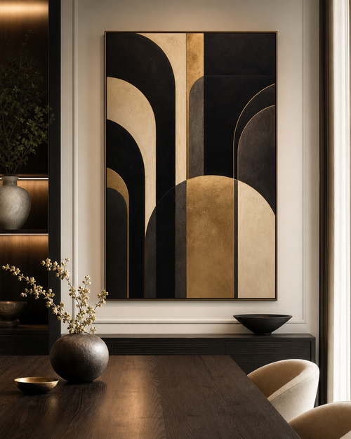 ND001 Black Gold Neo Deco Abstract Painting in a modern dining room