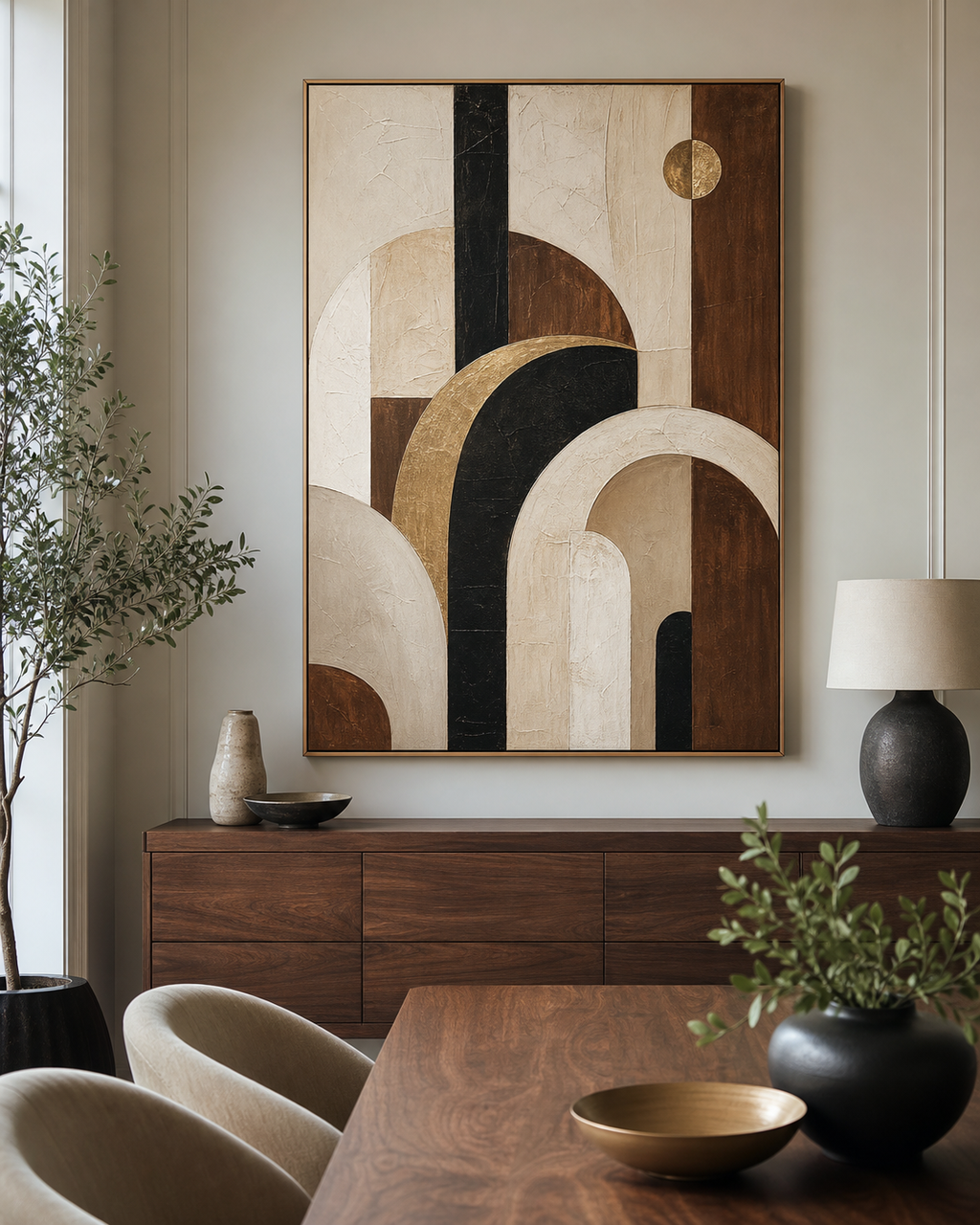 Cream Walnut Neo Deco Abstract Painting #ND002 displayed in a styled interior