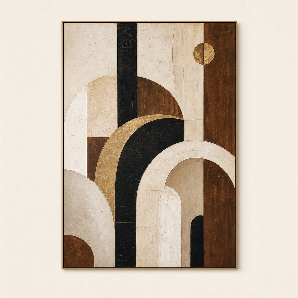 Front view of Cream Walnut Neo Deco Abstract Painting #ND002, showing the complete composition
