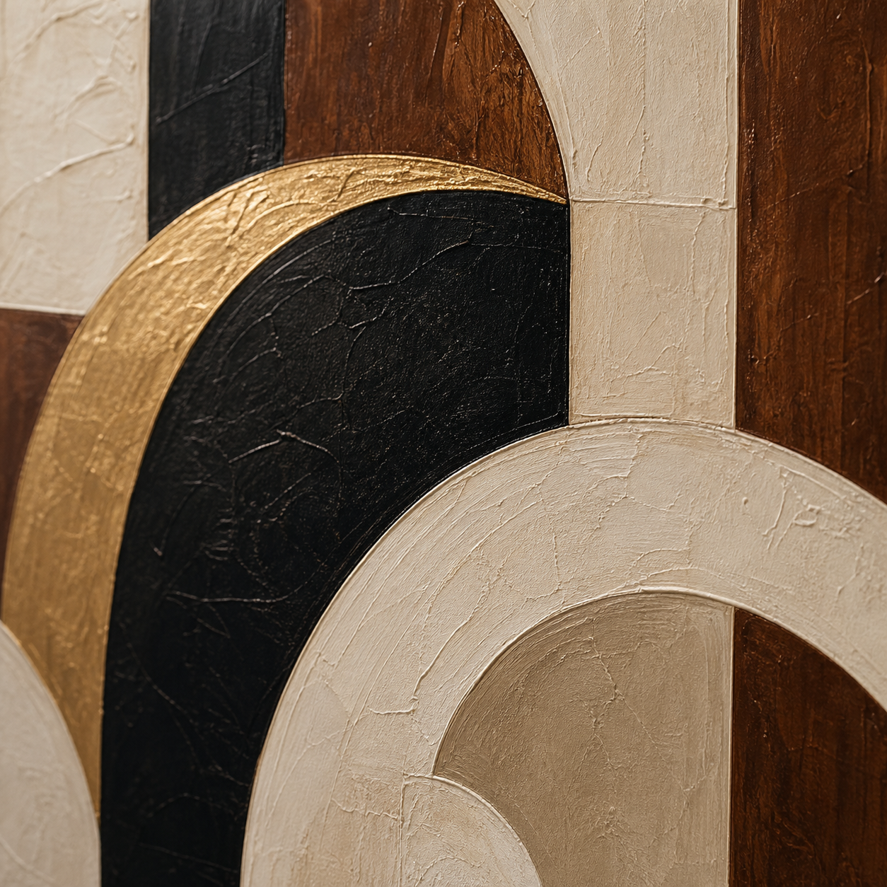 Close-up of hand-painted texture and brushwork in Cream Walnut Neo Deco Abstract Painting #ND002