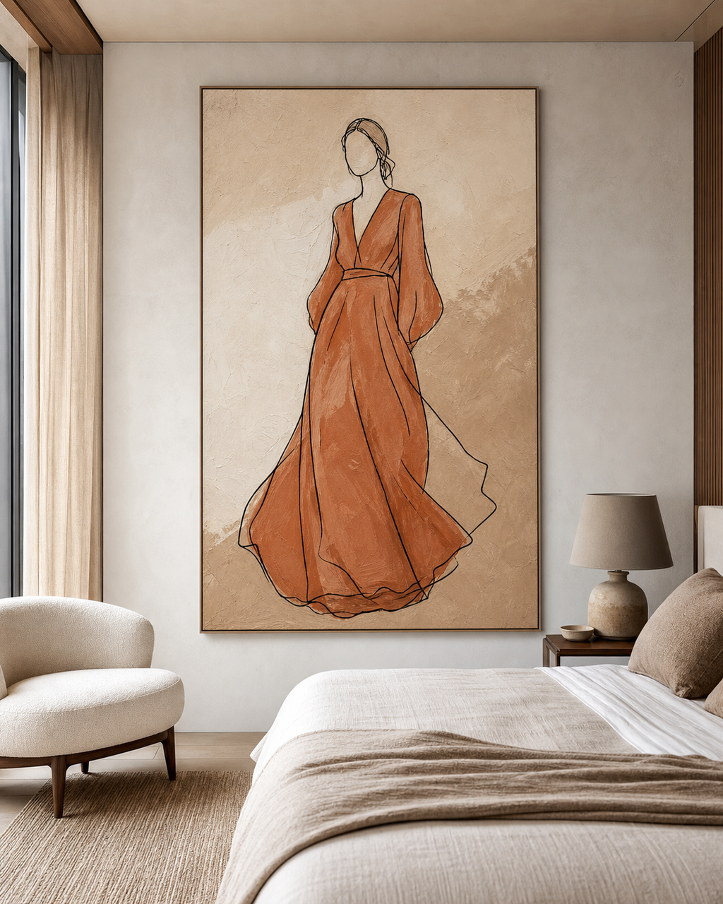 Minimal Female Figure Line Painting #PT001 displayed in a styled interior
