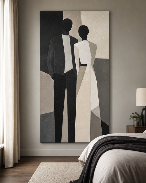 Black and White Couple Figure Painting #PT003 displayed in a styled interior