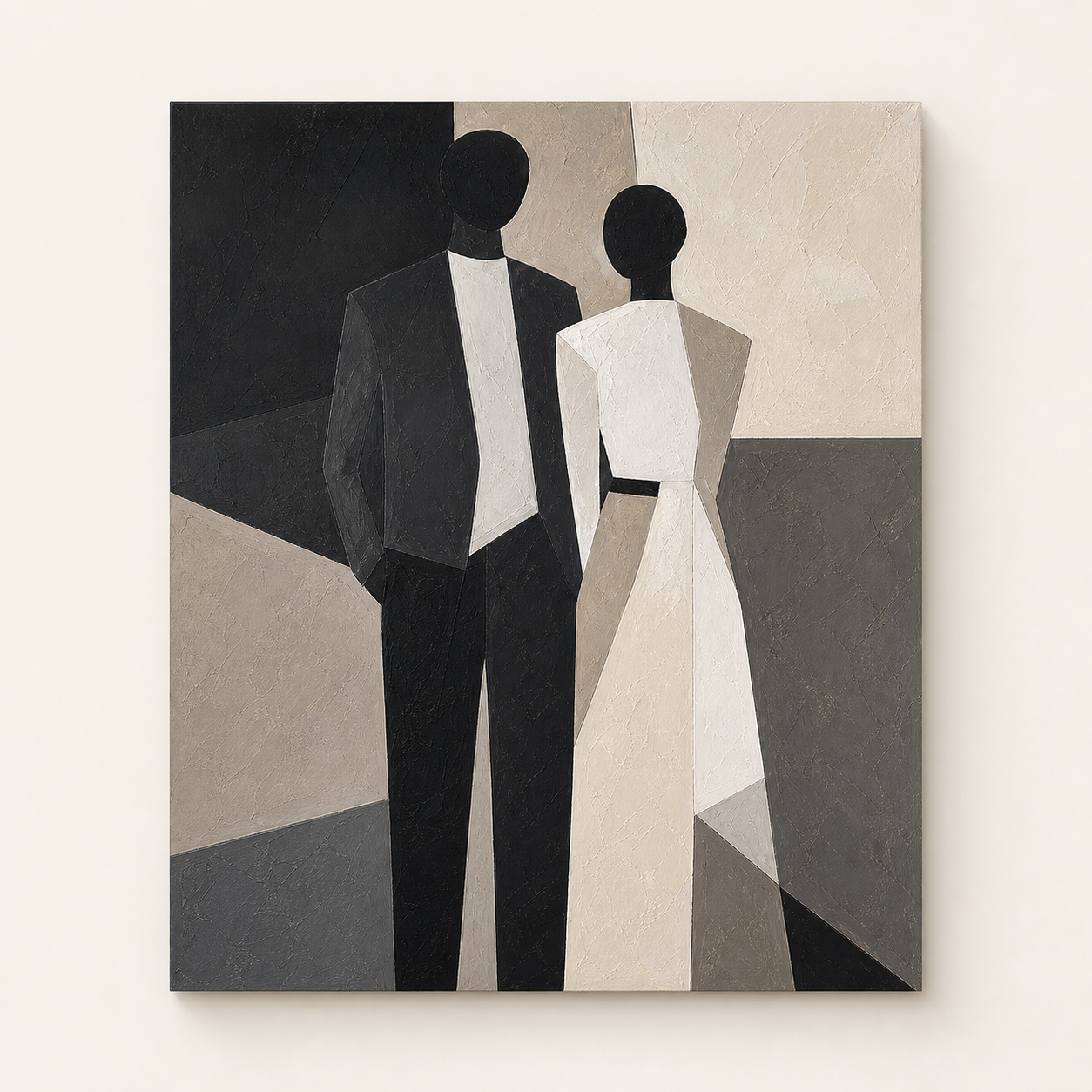 Front view of Black and White Couple Figure Painting #PT003, showing the complete composition