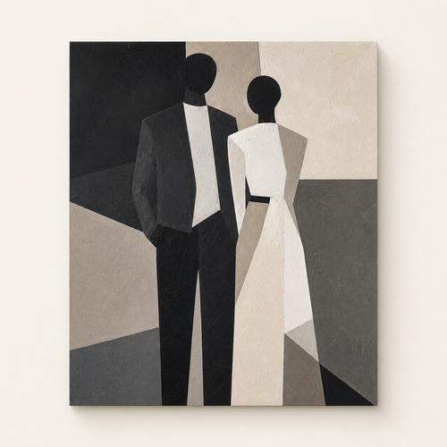 Front view of Black and White Couple Figure Painting #PT003, showing the complete composition