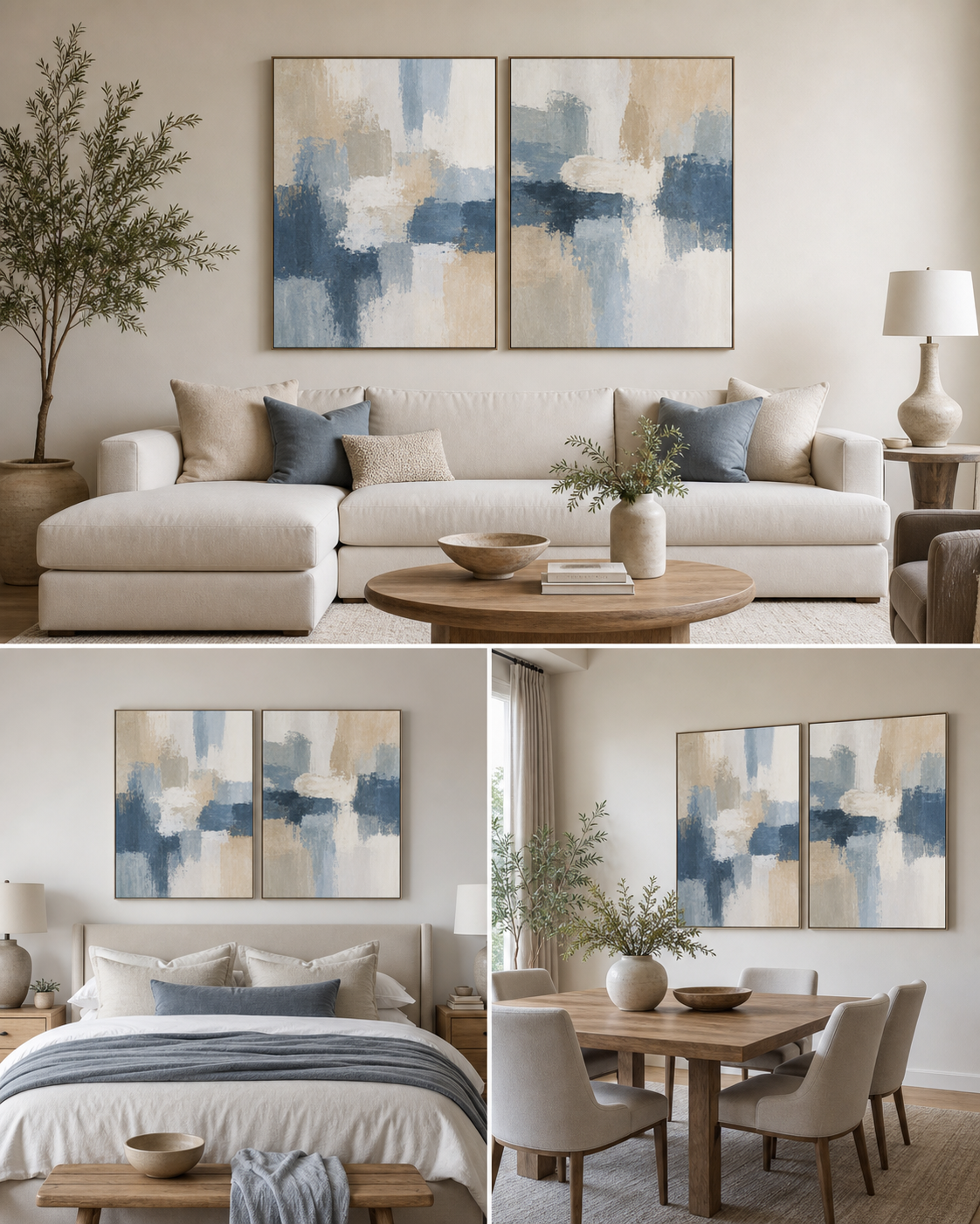 Size reference scenes for SP003 Blue and Beige Abstract Painting Set of 2