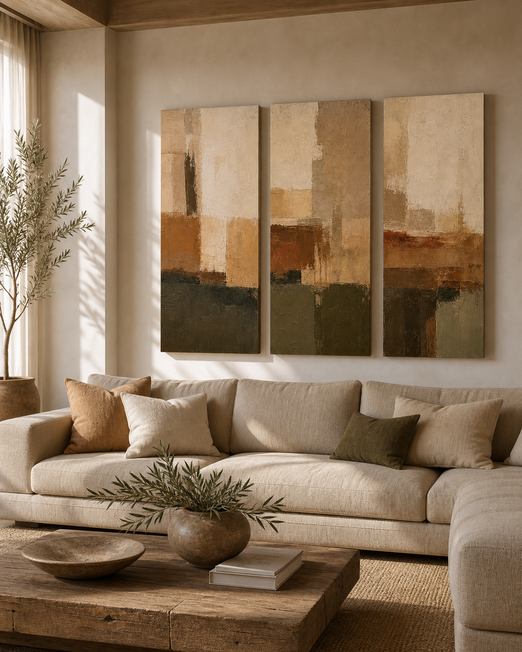 SP004 earth tone canvas set of 3 above neutral sofa