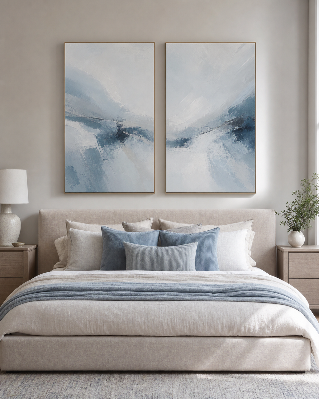 Soft Blue Abstract Painting Set of 2 #SP009 displayed in a styled interior