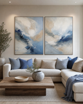 Blue and Beige Abstract Diptych #SP011 displayed in a styled interior